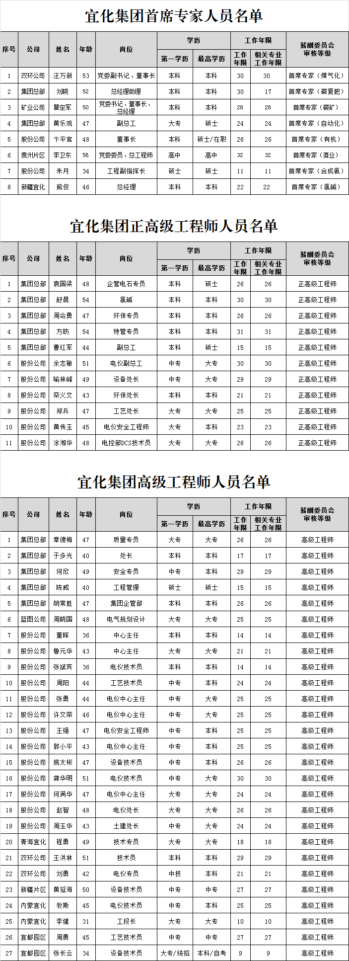 宜化集團首席專家、正高級工程師、高級工程師評審結果公示